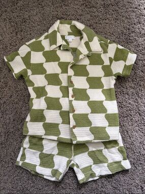 Waffle Knit Green & White Kids Pajama Set - Short Sleeve Button Top & Shorts